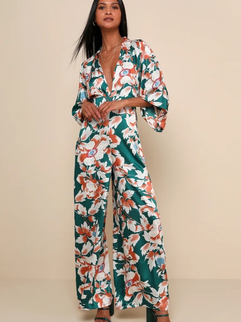 Lulus Jumpsuit Womens Size M Teal Floral Wide-Leg Kimono Sleeve Tie Waist